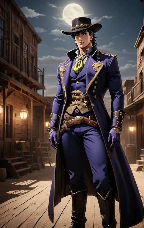 wild west style, (jojo style, jojo's bizarre adventure), boujee aesthetics, stunning background. dark and moody, a mesmerizing b...