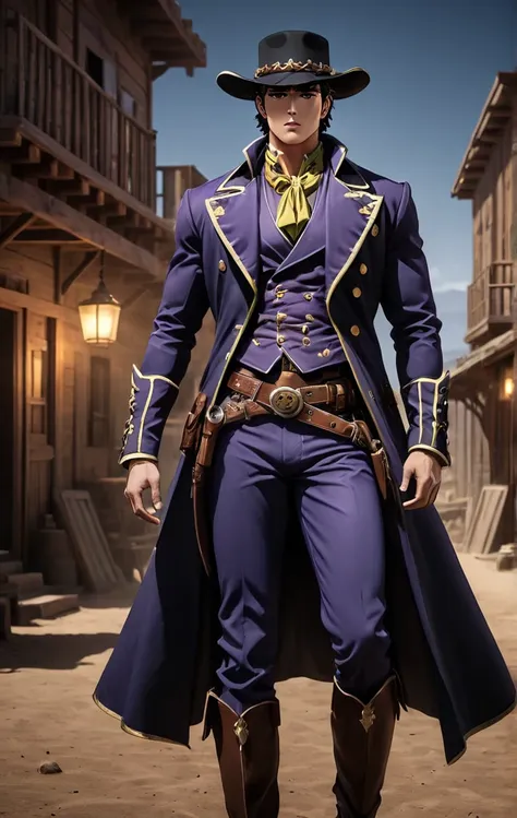 wild west style, (jojo style, jojo's bizarre adventure), boujee aesthetics, stunning background. dark and moody, a mesmerizing b...