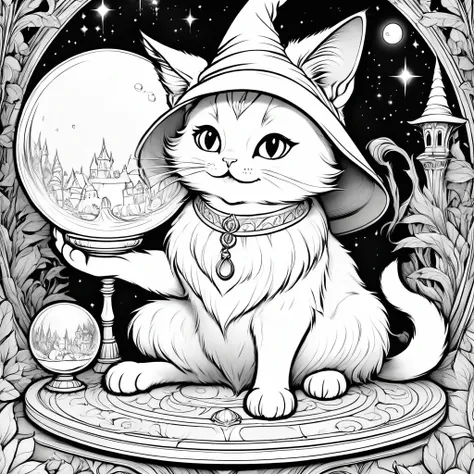 create a coloring book with no color at all. no shadow, the inside of the line should be white, a white wizard cat is telling fo...