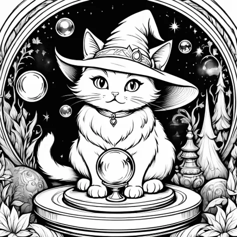 create a coloring book with no color at all. no shadow, the inside of the line should be white, a white wizard cat is telling fo...