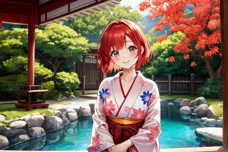 cute、Redhead、short hair、Japanese、Staring at this、Fleeting、masterpiece、Vivid、yukata、smile、kind、turn around，summer