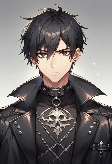 Masterpiece, Best Quality, 1 man, adult, male focus, Alone, medium black hair, vibrant black eyes, looking at the viewer, Closed mouth, Emo, fantasy aesthetic, Very detailed, Shadowverse style, leather coat