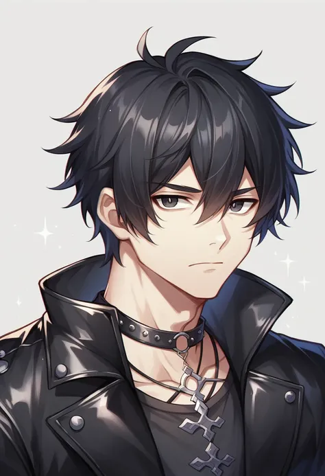 Masterpiece, Best Quality, 1 man, adult, male focus, Alone, medium black hair, vibrant black eyes, looking at the viewer, Closed mouth, Emo, fantasy aesthetic, Very detailed, Shadowverse style, leather coat