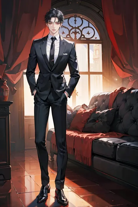 (masterpiece), best quality, seductive eyes, perfect face, handsome man, red eyes, short messy black hair, long nose, business suit, black necktie, black fitted pants, full body, extremely tall man, long legs, long calves, anime cover, 1boy, ear piercings,...