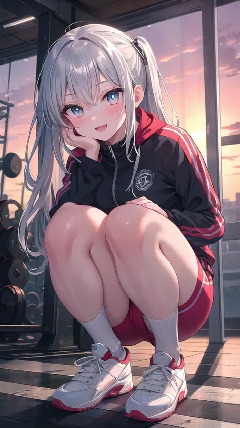 (8k, best quality, master piece: 1.2),super high resolution,1 girl, 独奏, colorshift eyes, hyperdetailed, expressive eyes, ultra-detailed face, Gym suit、Random hairstyle、silver gay hair, manager、gym, Ecstatic expression, squatting, sunset