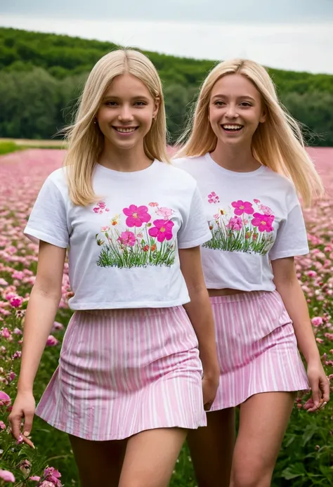 ((best quality)), ((masterpiece)), (detailed), 2girls, young white adolescent, straight blonde hair, brightly smiling, wearing white-and-pink striped t-shirt, wearing pink miniskirt, walking in a field of flowers