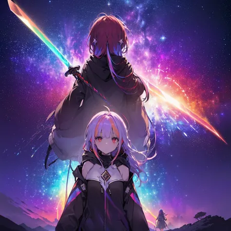 (((((Two Women、back to back、Holding a sword　Galaxy Background、Shine)))))　((((Fantasy　Rainbow colors、Long Hair　Dull red eyes　High Neck Hoodie　Put on a coat without putting your arms through it))))　(((Lonely　despair)))　((tears　gloves))　(Distorted Space-Time　...