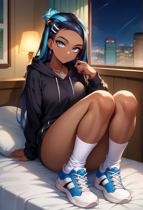 score_9, score_8_up,score_7_up, source_anime, 1girl, solo, EPpkNessa, blue eyes, black hair, blue hair, streaked hair, single hair bun, dark skin, dark-skinned female, necklace, ear piercing, black hoodie, white socks, kneehighs, sneakers, black sneakers, ...