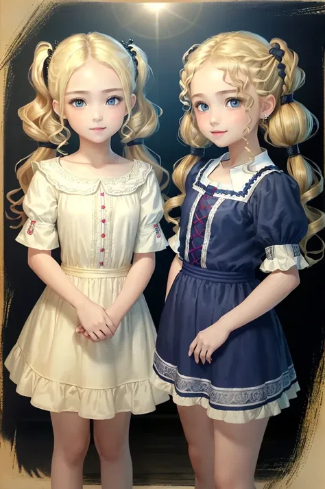 (8K、Top image quality、top-quality、​masterpiece)、1 girl((Lori))、((Blonde curly hair twin tails))、Wavy Hair,、blue eyes、sweet smile、piercings、((small breasts))、 embroidered clothes、((shortsleeves))、is standing、mad max background scenario、12 yo、very young