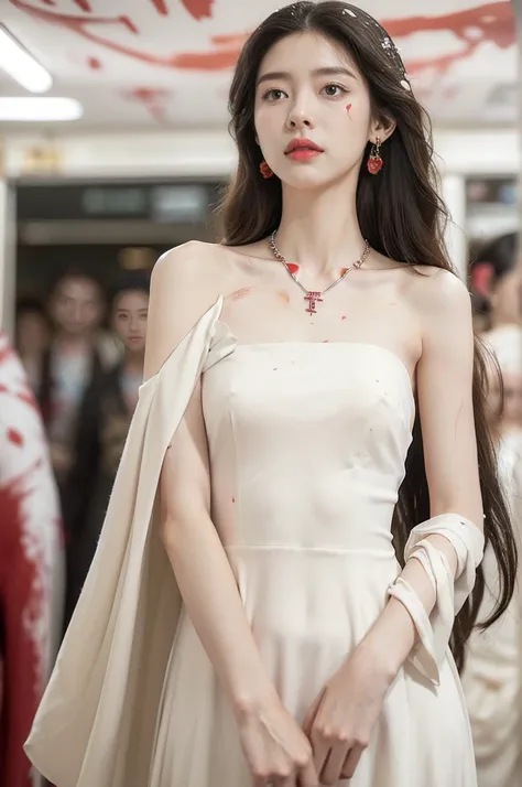 (((best quality))),(((ultra detailed))),(((masterpiece))),illustration,(a stunning girl,solo),(shoulder length straight hair:1.2),((earrings,necklace)),((slim,thin)),((small breasts,flat chest)),(standing:1.3), ((awkwardly,painful,embarrassed)),(In modern ...