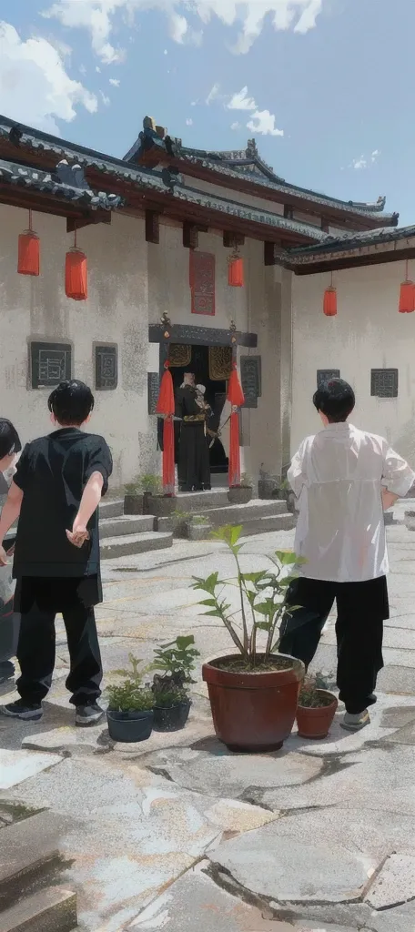 Several people stood around a potted plant in the courtyard, Inspired by Ma Quan, Inspired by Guo Chun, inspired by Guan Daosheng, inspired by Ding Guanpeng, inspired by Shen Quan, Tai Chi, Inspired by Zhang Zongcang, Inspired by Ding Yunpeng, Inspired by ...