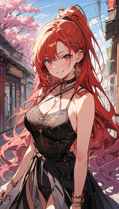 masterpiece, Highest quality, whole body, One girl, bangs, black choker, blush, bracelet, chest, choker, clothes The surrounding area waist, clavicle, Cowboy Shot, ear Earrings, Eyebrows visible through hair, Gradient Hair, Grin, fix, jewelry, Kogal, Long ...