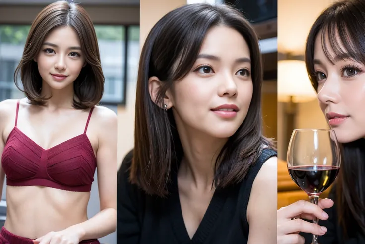 （Realistic:1.2）,(masterpiece,Highest quality)，8k,((2人のwoman)),40 years old,Wine Party、wine glass、White wine、sparkling wine、red wine、最高なsmile、Upper Body、Basut Up、Tight waist,Perfect Anatomy, Brown Hair, short hair,Random Hairstyles,((Highly detailed face an...