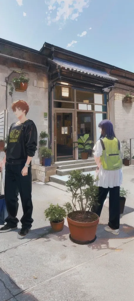 Several people stood around a potted plant in the courtyard, Anime，comics，cute