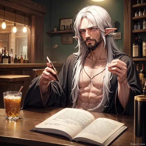 1 guy, Half elf, sleepy white eyes, Wise man, neck-length hair, messy hair, thin beard, drunkard, mediaval, Dress neatly, Wearing a black poet shirt and robe, white hair, lazy face, looks like haymitch from hungger game, alone at bar reading a book, young