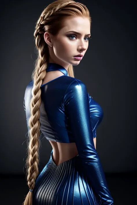 Gorgeous european woman with braided hair, wet hair, hair slicked back, combed straight back, slick hair, streaked blonde hair, seductive pose, karen gillan, dressed in a blue elsa from frozen costume, cleavage, solid dark grey background