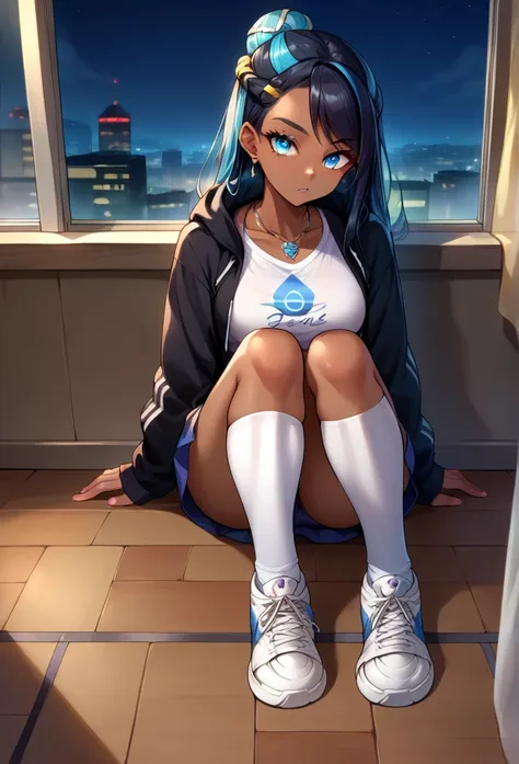 score_9, score_8_up,score_7_up, source_anime, 1girl, solo, EPpkNessa, blue eyes, black hair, blue hair, streaked hair, single hair bun, dark skin, dark-skinned female, necklace, ear piercing, black hoodie, white socks, kneehighs, sneakers, black sneakers, ...