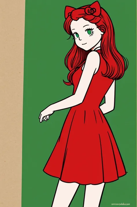 Draw a red-haired girl with green eyes in a dress in the style of the cartoon Hello Kitty with a thick outline and without a border in the drawing 