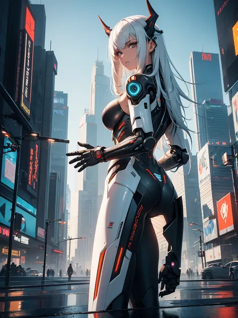 1girl, a beautiful girl cyborg cyberpunk with a cyberpunk city tall buildings, white hair, white and orange and black machine suit color combination, the body full of machine, realistic futuristic hologram, asian skin tone, beautiful eye, beautiful asian f...