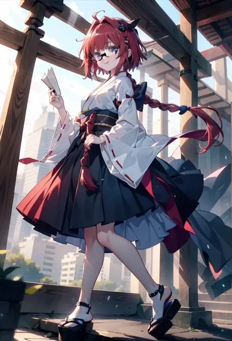 Meia Kurosaki,Meia Kurosaki,Redhead,Long Hair,Long braids,Purple eyes,Glasses, (Small breasts:1.2),Shrine maiden, 白いkimono, kimono, As with the skirt, Wide sleeves, Long sleeve, Red too,Long skirt,White tabi,Sandals,smile,blush,Sleeves edged with ribbon, w...