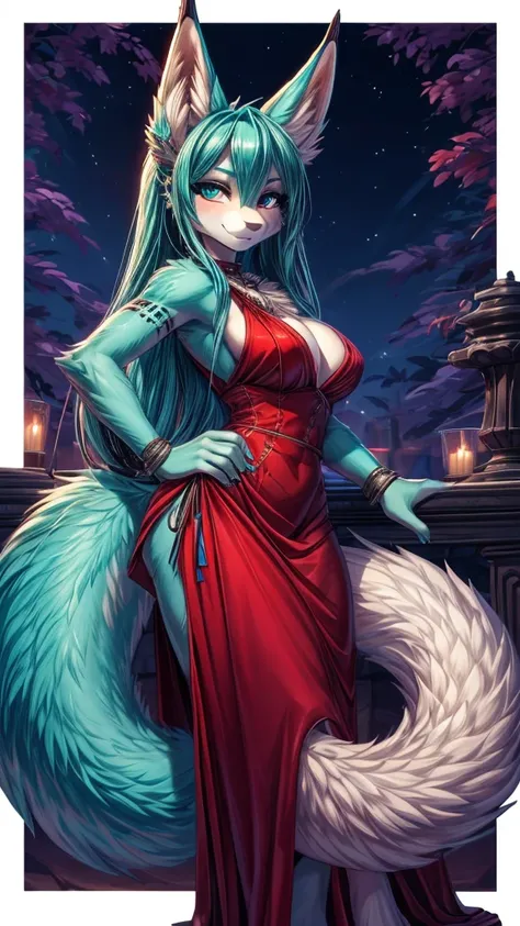 Miku Hatsune 19 years old agregar alta definición_detalle:1, pelaje azul,Orejas de Kitsune, tatuaje tribal agregar_detalle:1, sensual pose, sensual red dress add_detai, in night, con una copa de vino en la mano, horny girl