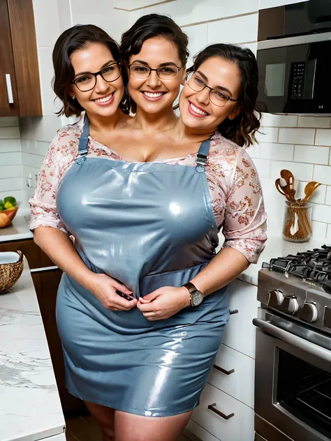 3heads, 3 headed mom, age 40, Irish, full body, short hair,apron, sexy, wet, wet body, sweat, shiny skin, chubby female body, eating food, cooking, in the the kitchen, (thick-thighs, wide thighs, but very wide waist)),(obese), glasses, sfw beautiful, beaut...