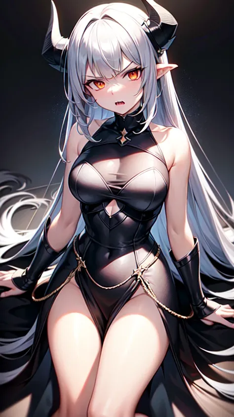 masterpiece, high quality, 4K, HDR, armored dress knight, black halo above head, black horns on head, large black tail, large black wings on back, Silver hair, intake hairstyle, blunt bangs, long hair, crimson eyes, narrowed eyes, sharp teeth, slightly poi...