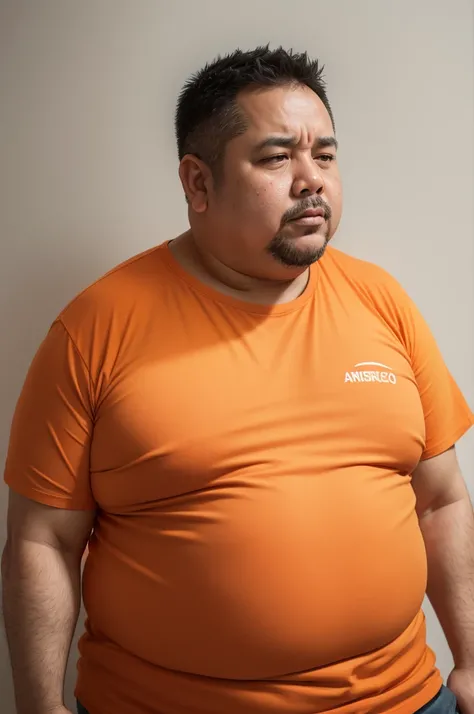 50 years old man, a little overweight, pain in the throat, Grieving, with reflux, White background, orange t-shirt, latino americano 