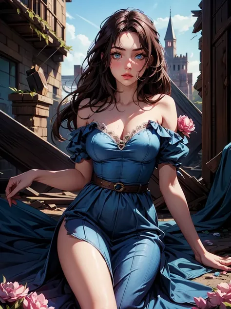 NSFW dark fantasy, a girl, charming, with long brown hair, blue eyes, in a blue dress, open shoulders, patterns on fabric, an abandoned dilapidated castle, flowers, peonies.
 sultry look, seductive,
