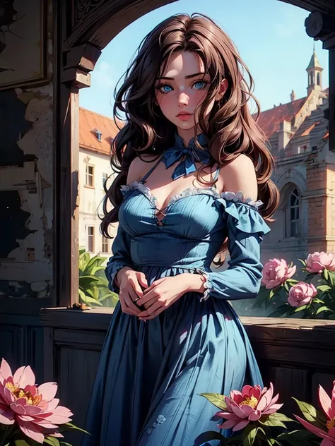 NSFW dark fantasy, a girl, charming, with long brown hair, blue eyes, in a blue dress, open shoulders, patterns on fabric, an abandoned dilapidated castle, flowers, peonies.
 sultry look, seductive,
