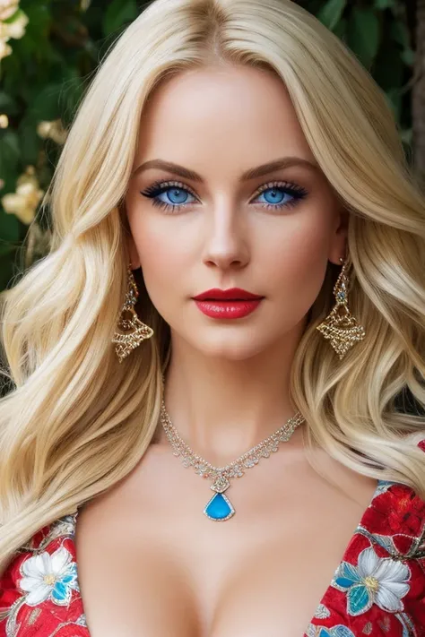 1 beautiful woman, 20 years, Shiny blonde hair, pale white skin (Realistic skin details, Realistic skin), bright blue eyes (very detailed and bright eyes), Red lips, draw up, NECKLACE, earrings, necklace, accessories, perfect body , perfectly round butt, I...