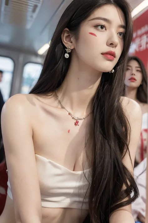 (((best quality))),(((ultra detailed))),(((masterpiece))),illustration,(a stunning girl,solo),(shoulder length straight hair:1.2),((earrings,necklace)),((slim,thin)),((small breasts,flat chest)),(standing:1.3), ((awkwardly,painful,embarrassed)),(In modern ...