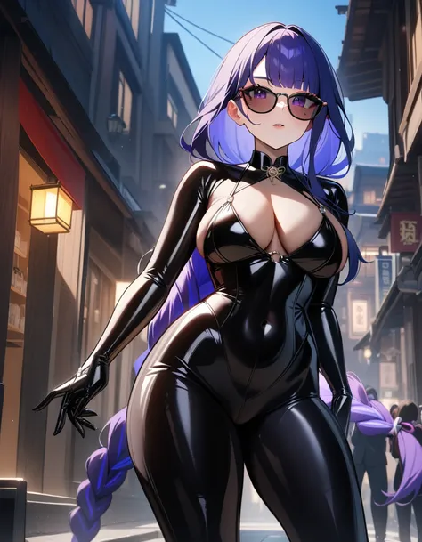 1girl, raiden shogun, genshin impact,Secret agent,sun glasses,dark latex suit,cool,city street,masterpiece,very aesthetic,newest,sensitive