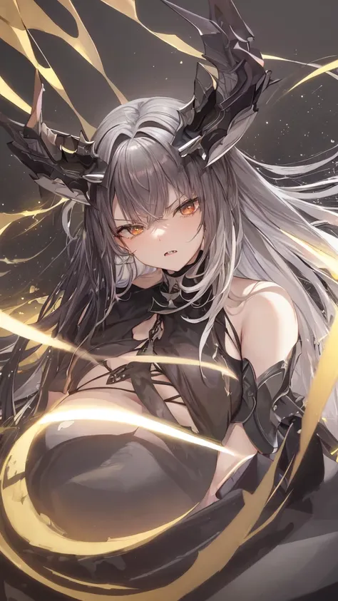 masterpiece, high quality, 4K, HDR, armored dress knight, black halo above head, black horns on head, large black tail, large black wings on back, Silver hair, intake hairstyle, blunt bangs, long hair, crimson eyes, narrowed eyes, sharp teeth, slightly poi...