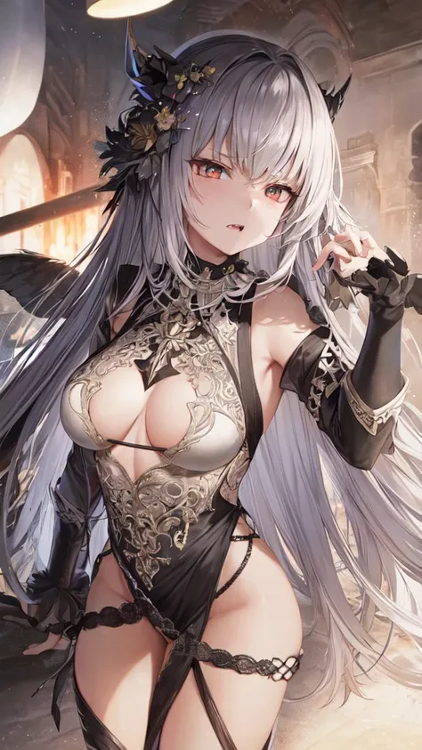 masterpiece, high quality, 4K, HDR, armored dress knight, black halo above head, black horns on head, large black tail, large black wings on back, Silver hair, intake hairstyle, blunt bangs, long hair, crimson eyes, narrowed eyes, sharp teeth, slightly poi...