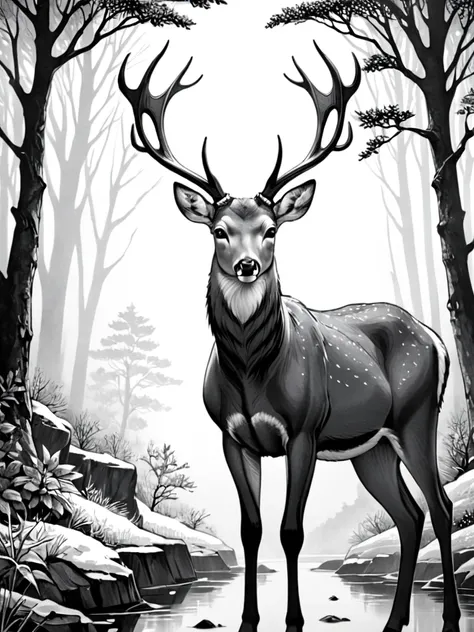 a whole deer，exquisite details,masterpiece, crisp details，black and white woodblock print style，white clean background