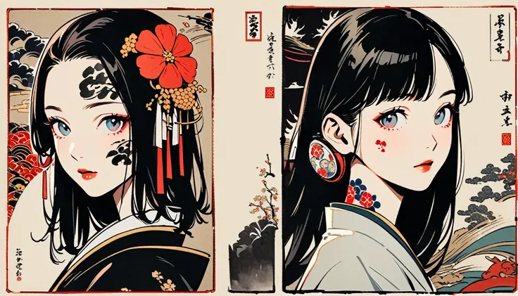 (((Ink Painting))), Fashion portrait color photos, (((1 girl))), (((Tattoo on face))), (((Gorgeous hair accessories))), Japanese style headphones, face close-up, Japan人の美少女, Black Hair, Delicate and precise, Modern ukiyo-e style,Japan, Japanese flag