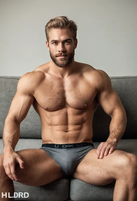 Man, 25 years old, dark blonde, hairy, sexy pose, sitting in a sofa, muscle man, handsome, look to the camera, in a studio, detailed image, no shirt, with underwear, uhd, 16k