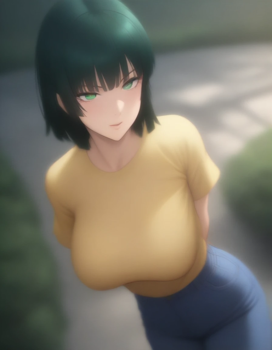 Masterpiece , highly detailed , best quality , perfect face , green eyes , fubuki , wearing short sleeves yellow printed t-shirt and blue jeans , in garden , arms bound behind back with rope  , looking at camera , standing still 