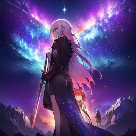 (((((Two women standing back to back、Holding a sword　Galaxy Background、Shine)))))　((((Fantasy　Rainbow colors、Long Hair　Dull red eyes　High Neck Hoodie　Put on a coat without putting your arms through it))))　(((Lonely　despair)))　((tears　gloves))　(Distorted Sp...