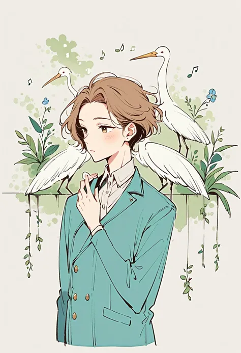 Watase Seizo style, Standing in front of a wall，Simple line initials,A background of scattered musical notes, Egret on shoulder,A lovely touch (((The most beautiful men))), (((a bit)))