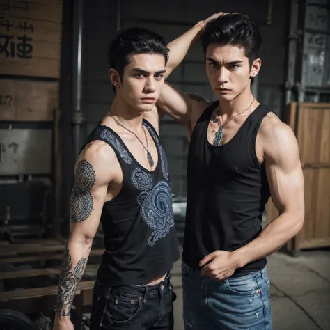 (((simple Black tank top)))、((Cover your nose and neck with a paisley pattern cloth))、Denim pants、sneakers、Tattoo、Muscular、necklace、(Glowering look、furious)、Alley、undercut hair、Spiky hair、(thumbs up、arm up)、16 years old、masterbation