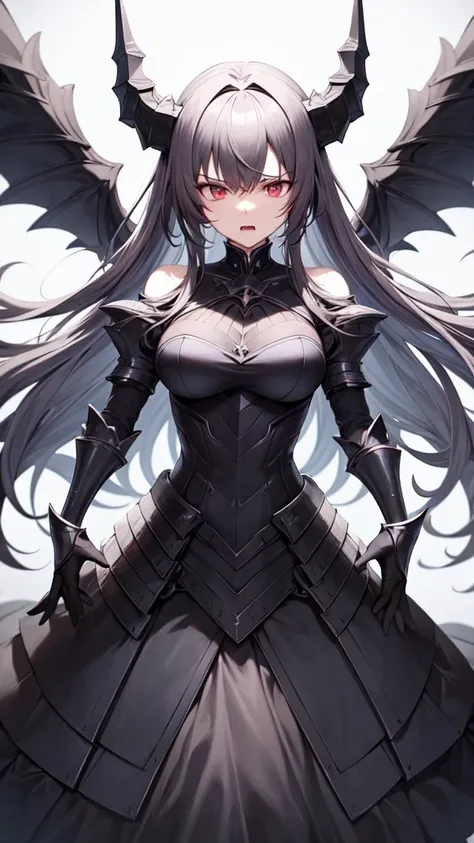 masterpiece, high quality, 4K, HDR, armored dress knight, black halo above head, black horns on head, large black tail, large black wings on back, Silver hair, intake hairstyle, blunt bangs, long hair, crimson eyes, narrowed eyes, sharp teeth, slightly poi...