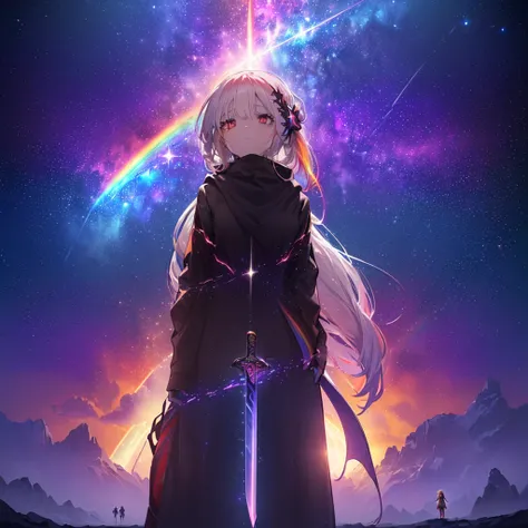 (((((Two women standing back to back、Holding a sword　Galaxy Background、Shine)))))　((((Fantasy　Rainbow colors、Long Hair　Dull red eyes　High Neck Hoodie　Put on a coat without putting your arms through it))))　(((Lonely　despair)))　((tears　gloves))　(Distorted Sp...