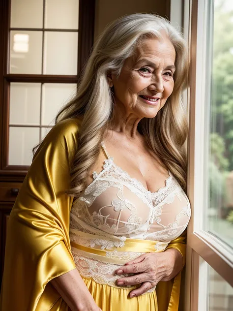 Mature old woman 80 years with long hair, plus size, old face and body with many wrinkles, loose skin, smiling standing near the window with beautiful view, posing for photo, She wearing yellow robe, white lingerie and white lace stockings, side view. jaw ...