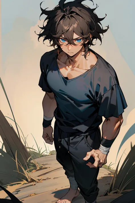 1male, tan skin, black highlighted hair, messy hair, wavy  hair, blue eyes, uninterested expression, dark blue oversized goat, black joggers, black tanktop, bandaged clothing, grassland background, standing on path, hands to side