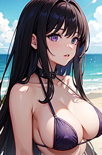 (masterpiece, Highest quality),Check it out, Long Hair, bangs, Black Hair, (Purple eyes:1.2), Micro Bikini, Beach ,Lips parted, dog,Big Breasts