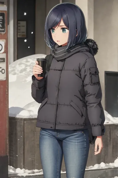 girl, jeans, black puffer jacket, scarf, street, snow, ass