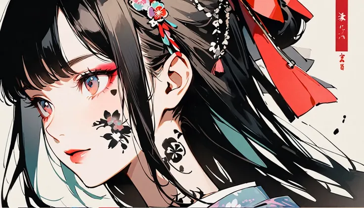 (((Ink Painting))), Fashion portrait color photos, (((1 girl))), (((Tattoo on face))), (((Gorgeous hair accessories))), Japanese style headphones, face close-up, Japan人の美少女, Black Hair, Delicate and precise,Japan, Japanese flag