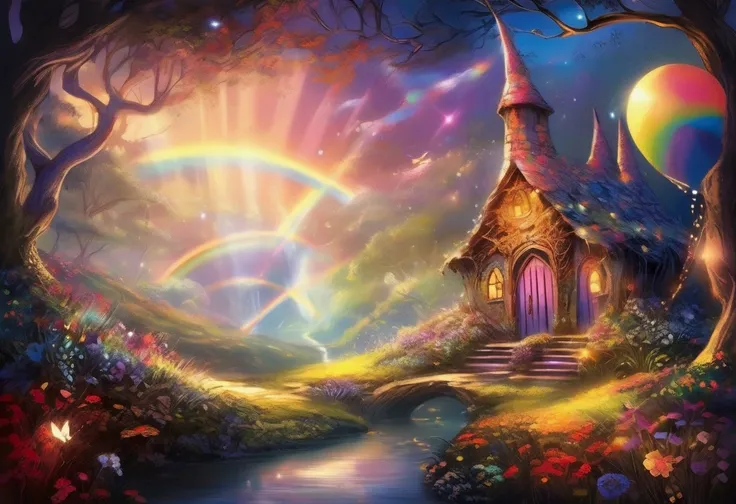 ((best quality)), ((masterpiece)), Scene: Adventuring along the rainbow, small, whimsical creatures guiding the way. Visual Elements: Forest creatures with fairy wings, twinkling stars. Lighting and Colors: Cool evening tones, luminescent pathways. Dynamic...